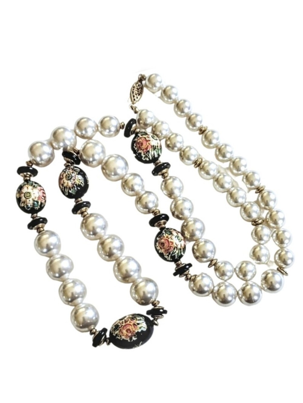Vintage Asian Oriental Hand Painted Floral Bead Pearl Strand Necklace
